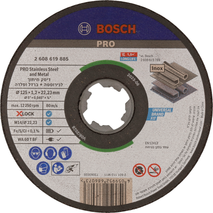 Disco de corte Bosch PRO X-Lock para acero inoxidable y metal.